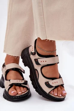 Damskie Artiker Skórzane Sandały Damskie Z Rzepami 56C0471 Beżowe