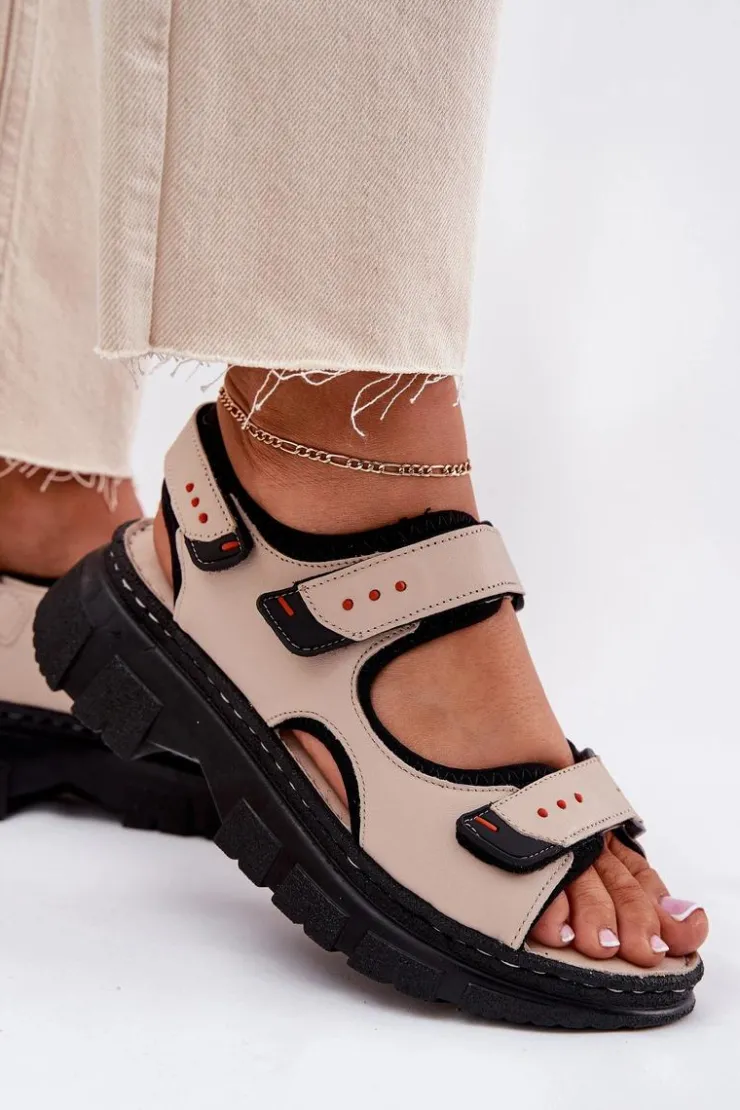 Damskie Artiker Skórzane Sandały Damskie Z Rzepami 56C0471 Beżowe