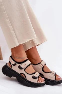 Damskie Artiker Skórzane Sandały Damskie Z Rzepami 56C0471 Beżowe