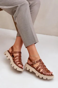 Boto Sandały Płaskie*Skórzane Sandały Damskie Zazoo 3695 Camel Brązowy