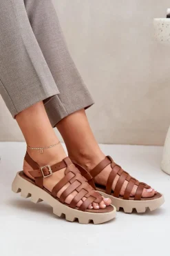 Boto Sandały Płaskie*Skórzane Sandały Damskie Zazoo 3695 Camel Brązowy