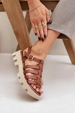 Boto Sandały Płaskie*Skórzane Sandały Damskie Zazoo 3695 Camel Brązowy