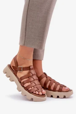 Boto Sandały Płaskie*Skórzane Sandały Damskie Zazoo 3695 Camel Brązowy