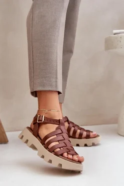 Damskie Boto Skórzane Sandały Damskie Zazoo 3695 Brązowe