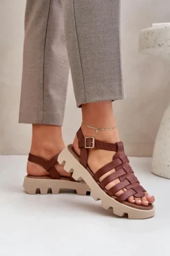 Damskie Boto Skórzane Sandały Damskie Zazoo 3695 Brązowe