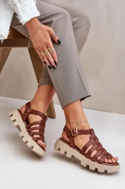 Damskie Boto Skórzane Sandały Damskie Zazoo 3695 Brązowe