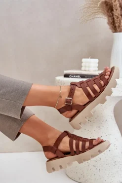 Damskie Boto Skórzane Sandały Damskie Zazoo 3695 Brązowe