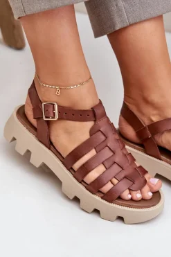 Damskie Boto Skórzane Sandały Damskie Zazoo 3695 Brązowe