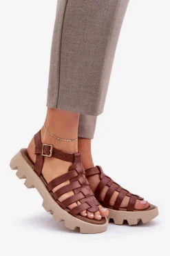 Damskie Boto Skórzane Sandały Damskie Zazoo 3695 Brązowe