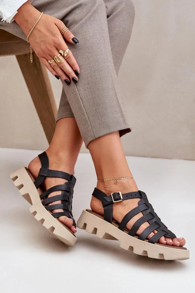 Hot Boto Skórzane Sandały Damskie Zazoo 3695 Czarne Czarny