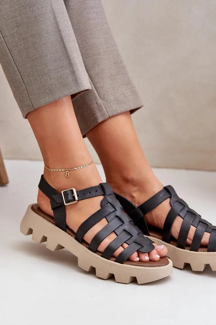 Hot Boto Skórzane Sandały Damskie Zazoo 3695 Czarne Czarny