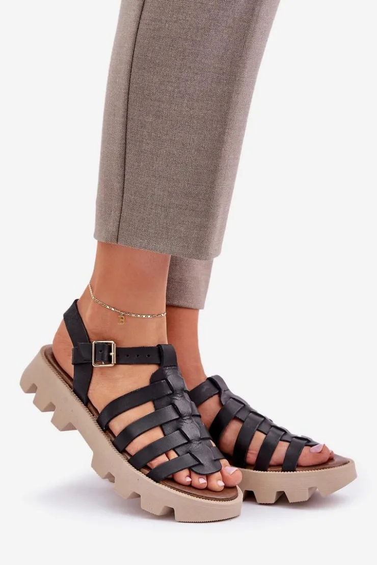 Hot Boto Skórzane Sandały Damskie Zazoo 3695 Czarne Czarny