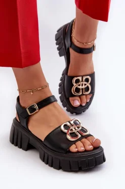 Damskie Buty damskie Vinceza Skórzane Sandały Damskie Ze Złotą Ozdobą Czarne Vinceza 7910