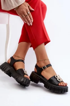 Damskie Buty damskie Vinceza Skórzane Sandały Damskie Ze Złotą Ozdobą Czarne Vinceza 7910