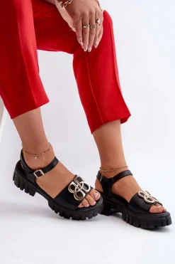 Damskie Buty damskie Vinceza Skórzane Sandały Damskie Ze Złotą Ozdobą Czarne Vinceza 7910