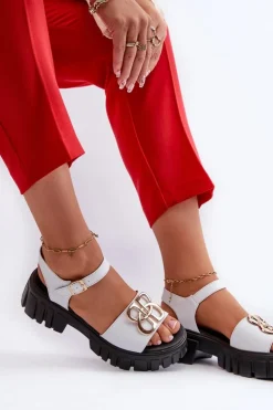 Buty damskie Vinceza Skórzane Sandały Damskie Ze Złotą Ozdobą Białe Vinceza 7910