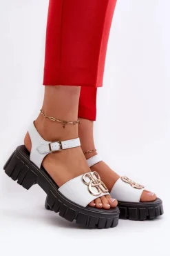 Buty damskie Vinceza Skórzane Sandały Damskie Ze Złotą Ozdobą Białe Vinceza 7910