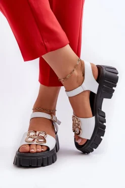 Buty damskie Vinceza Skórzane Sandały Damskie Ze Złotą Ozdobą Białe Vinceza 7910