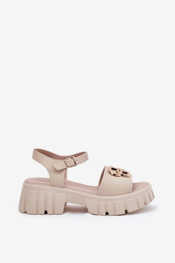 Buty damskie Vinceza Sandały Płaskie*Skórzane Sandały Damskie Ze Złotym Detalem Vinceza 79541 Beżowe Beżowy