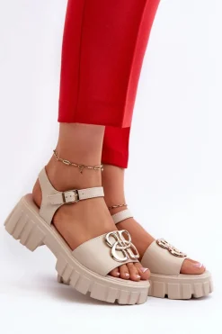 Buty damskie Vinceza Sandały Płaskie*Skórzane Sandały Damskie Ze Złotą Ozdobą Beżowe Vinceza 7910