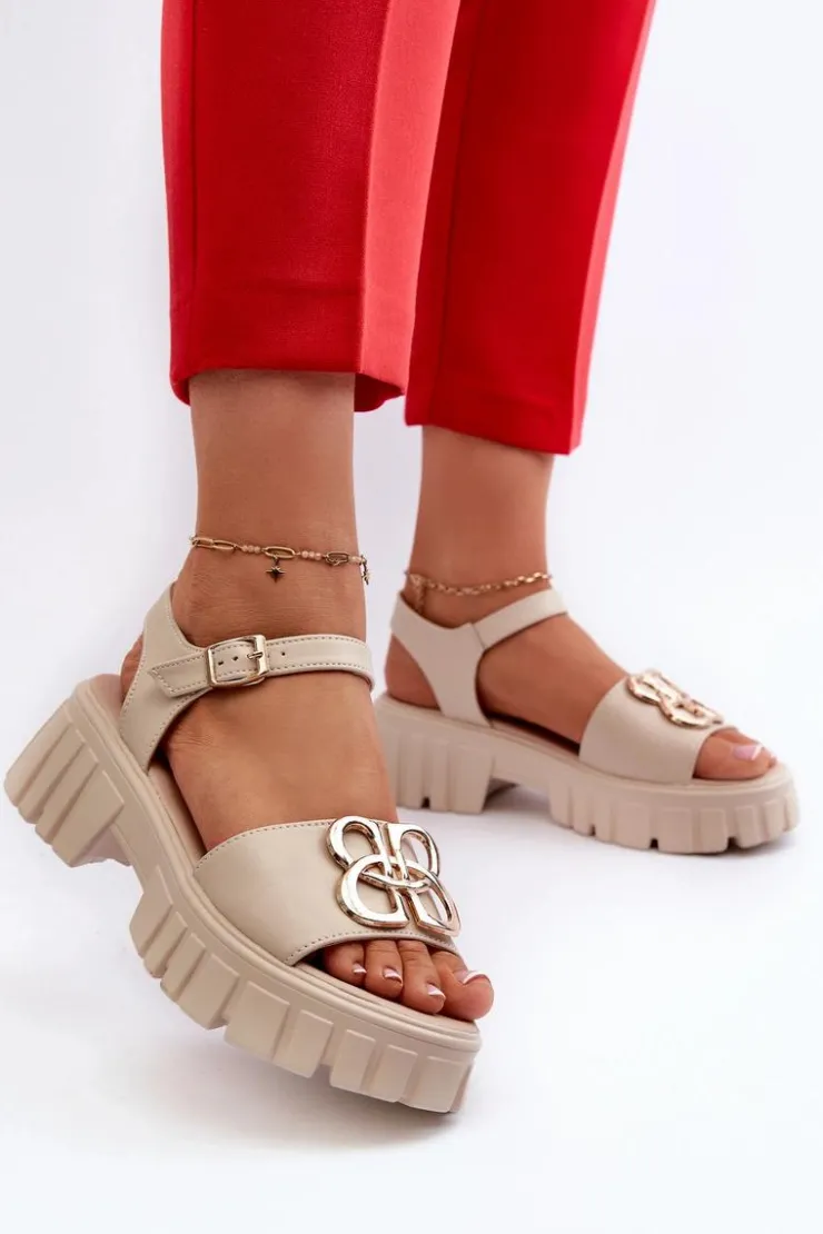 Buty damskie Vinceza Sandały Płaskie*Skórzane Sandały Damskie Ze Złotą Ozdobą Beżowe Vinceza 7910