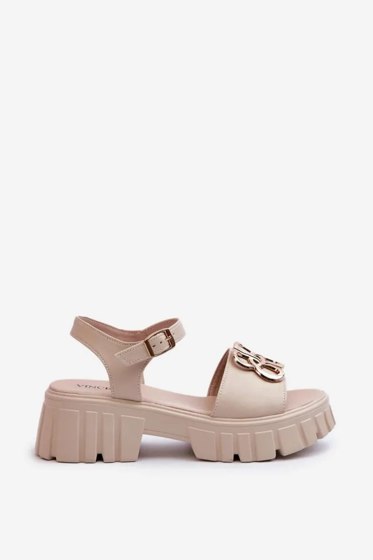 Buty damskie Vinceza Sandały Płaskie*Skórzane Sandały Damskie Ze Złotą Ozdobą Beżowe Vinceza 7910