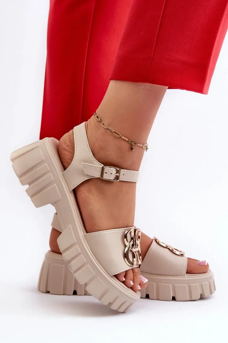 Buty damskie Vinceza Sandały Płaskie*Skórzane Sandały Damskie Ze Złotą Ozdobą Beżowe Vinceza 7910