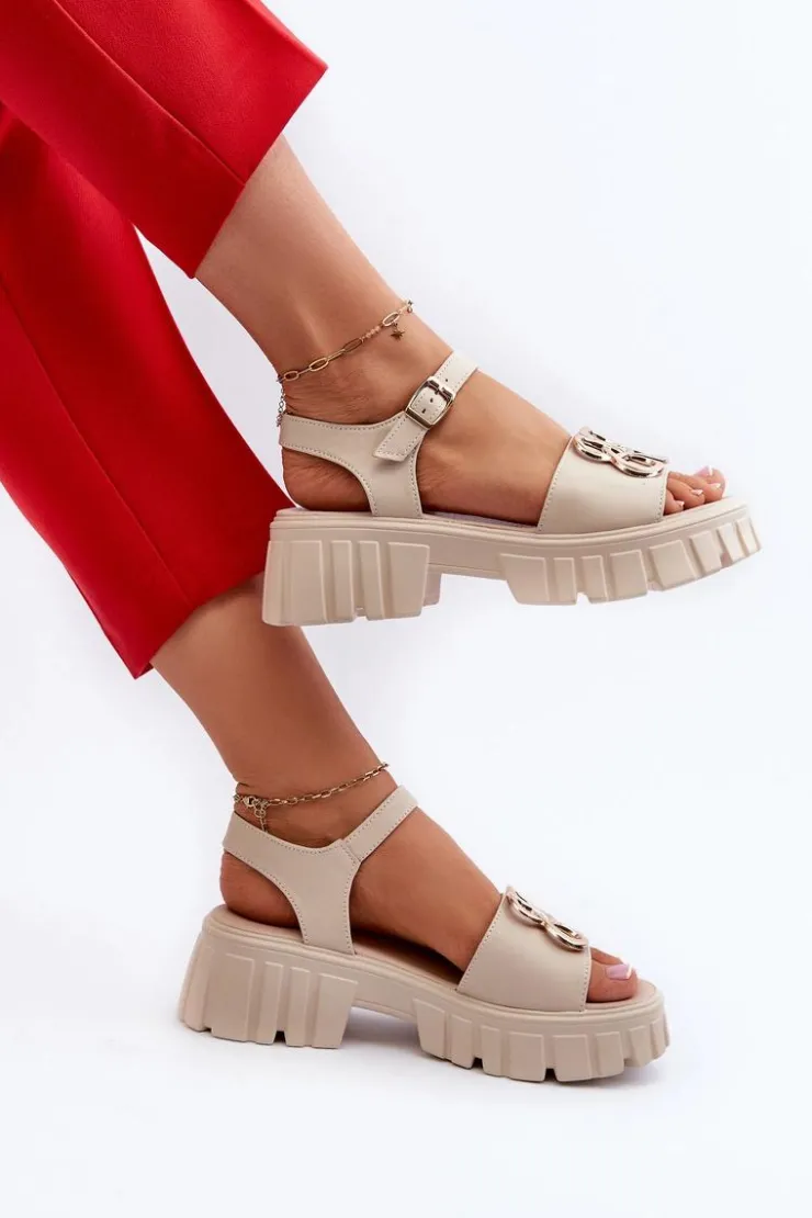 Buty damskie Vinceza Sandały Płaskie*Skórzane Sandały Damskie Ze Złotą Ozdobą Beżowe Vinceza 7910