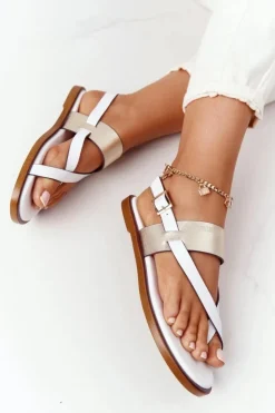 Big Star Shoes Sandały Big Star|Sandały Płaskie*Skórzane Sandały Japonki Big Star HH274714 Biało-Złote