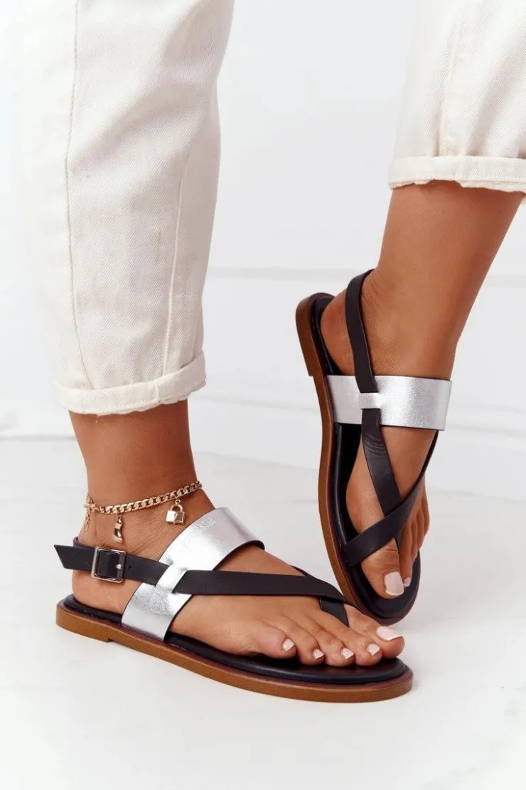 Damskie Big Star Shoes Skórzane Sandały Japonki Big Star HH274712 Czarno-Srebrne