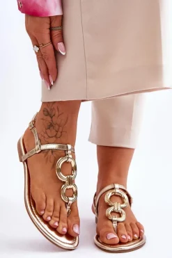 Boto Sandały Płaskie*Skórzane Sandały Japonki Na Płaskim Obcasie Złote Keep Going