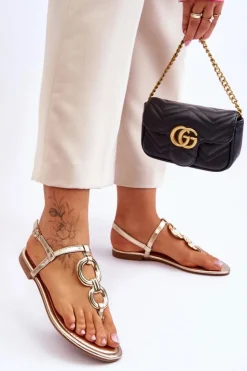 Boto Sandały Płaskie*Skórzane Sandały Japonki Na Płaskim Obcasie Złote Keep Going