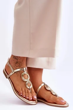 Boto Sandały Płaskie*Skórzane Sandały Japonki Na Płaskim Obcasie Złote Keep Going