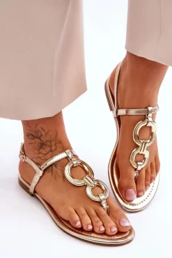 Boto Sandały Płaskie*Skórzane Sandały Japonki Na Płaskim Obcasie Złote Keep Going