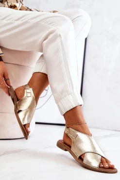 Damskie Boto Skórzane Sandały Lewski 3019 Złote