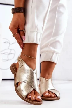 Damskie Boto Skórzane Sandały Lewski 3019 Złote