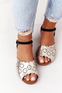 Maciejka Sandały Płaskie*Skórzane Sandały 05199-25 Czarno-Złote