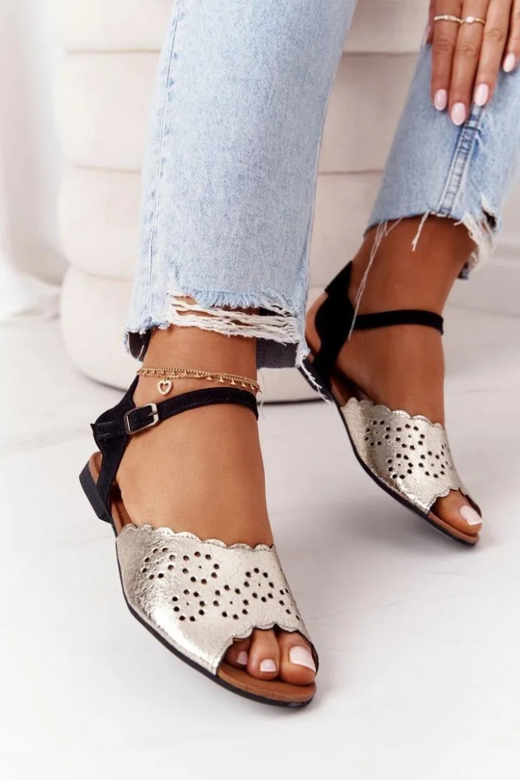 Maciejka Sandały Płaskie*Skórzane Sandały 05199-25 Czarno-Złote