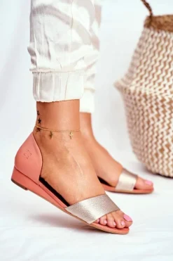 Maciejka Sandały Na Koturnie|Sandały Płaskie*Skórzane Sandały 1971-48 Brzoskwiniowe