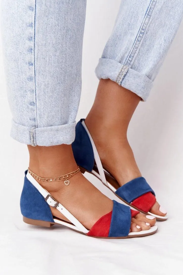 Maciejka Sandały Płaskie*Skórzane Sandały 04614-17 Granatowo-Czerwone