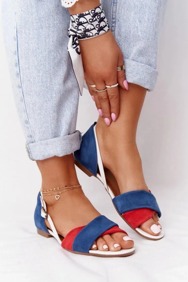 Maciejka Sandały Płaskie*Skórzane Sandały 04614-17 Granatowo-Czerwone