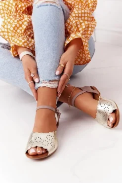 Clearance Maciejka Skórzane Sandały 05199-04 Beżowo-Złote