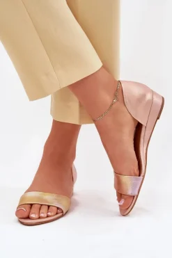 Maciejka Sandały Na Koturnie|Sandały Płaskie*Skórzane Sandały 01971-72 Różowe Złoto Różowy