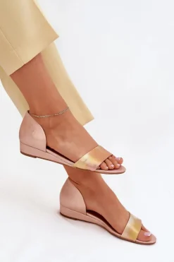 Maciejka Sandały Na Koturnie|Sandały Płaskie*Skórzane Sandały 01971-72 Różowe Złoto Różowy