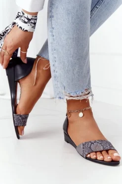 Maciejka Sandały Na Koturnie|Sandały Płaskie*Skórzane Sandały 1971-59 Czarno-Popielate