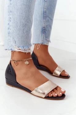 Damskie Maciejka Skórzane Sandały 1971-46 Czarno-Złote