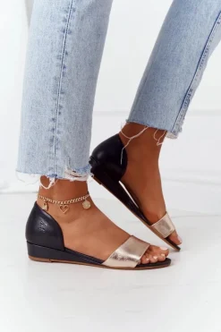 Damskie Maciejka Skórzane Sandały 1971-46 Czarno-Złote