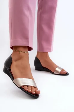 Clearance Maciejka Skórzane Sandały 1971-67 Czarno-Złote Złoty