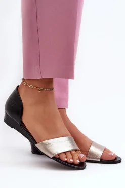 Clearance Maciejka Skórzane Sandały 1971-67 Czarno-Złote Złoty