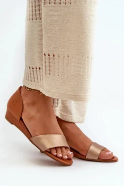 Maciejka Sandały Na Koturnie|Sandały Płaskie*Skórzane Sandały 1971-68 Brązowo-Złote Złoty